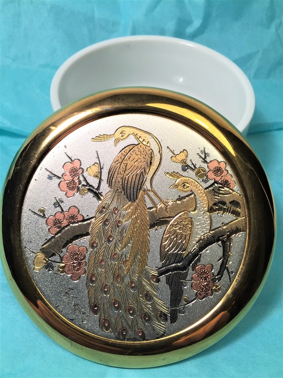 Chokin Art Round White Porcelain Trinket Dish with 24K Peacocks and Flowers Design Asian Symbols on Lid.