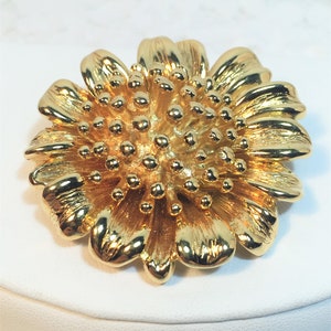 Bright Gold Flower Pin with Individual Stamens at Center, Textured Petals, Stunning Appearance, Large Brooch.