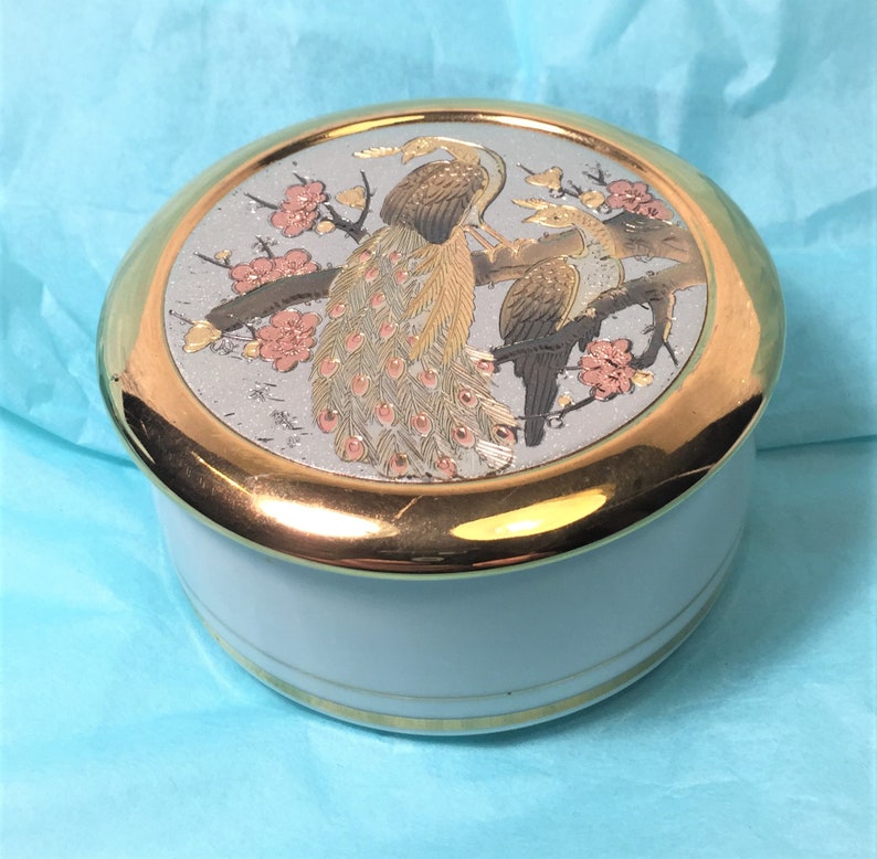 Chokin Art Round White Porcelain Trinket Dish with 24K Peacocks and Flowers Design Asian Symbols on Lid.