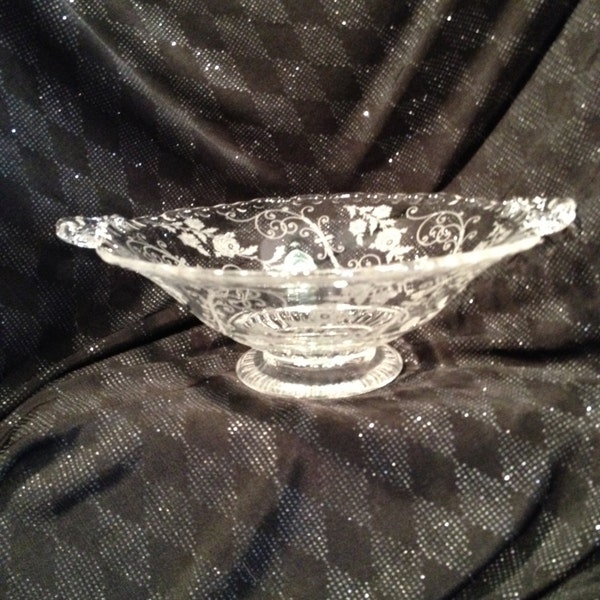 Vintage Delicate Etched Glass Bowl with Handles, Floral and Scroll Pattern, Footed Glass Bowl with Scalloped/Crimped Edges.