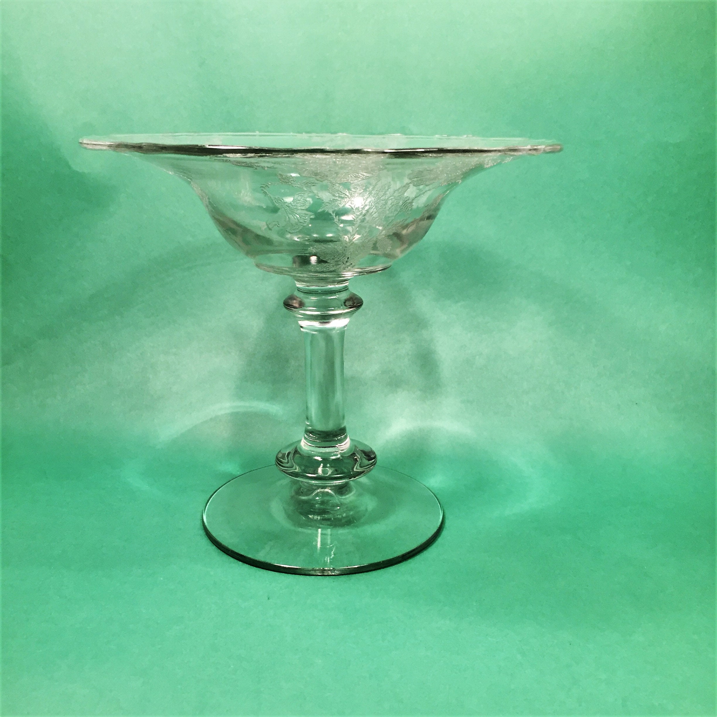 Antique Glass Pedestal Compote Etched Floral Design w Dried Red Rose