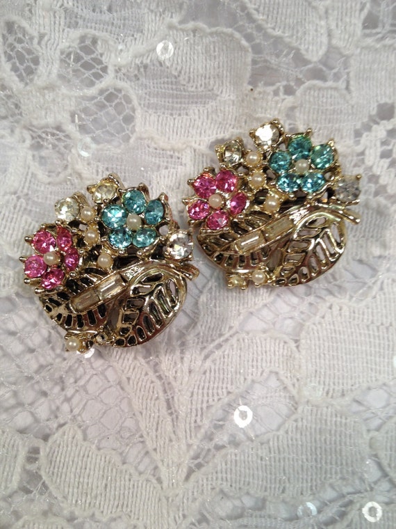 Pink and Blue Vintage Clip-on Earrings