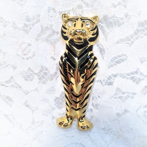 Gold and Black Large Tiger Brooch, Clear Rhinestone Eyes, Black Enamel Stripes, 3D Brooch, Jungle Animal Brooch.