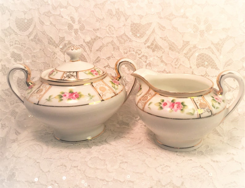 Nippon Handpainted Lidded Sugar Bowl and Creamer Roses Etsy
