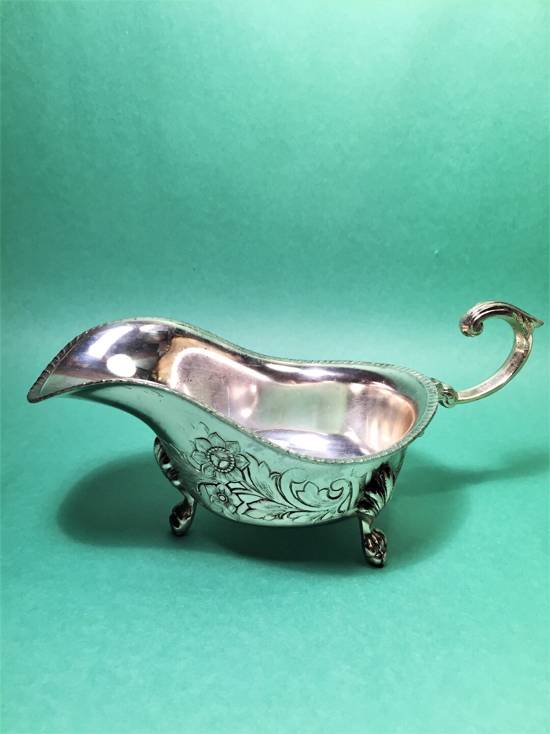 Silver Plate Gravy Bowl With Embossed Flowers and Leaves, Fly Away