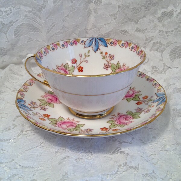 Tuscan Bone China Tea Cup and Saucer Made in England, 1936, Fresh Spring Design, Gold Trimmed Footed Tea Cup, Plant Tuscan Signature.