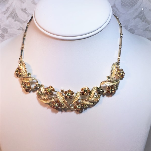 Flower and Leaves Gold Tone Choker Necklace with Amber/Gold Rhinestones, One Missing Stone, Unusual and Beautiful Vintage Necklace