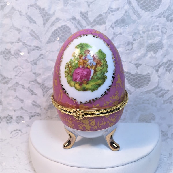 Fragonard Inspired Egg Trinket Box, Keepsake Box, French Country Scene with Romantic Couple, Pink and Gold Floral Background.