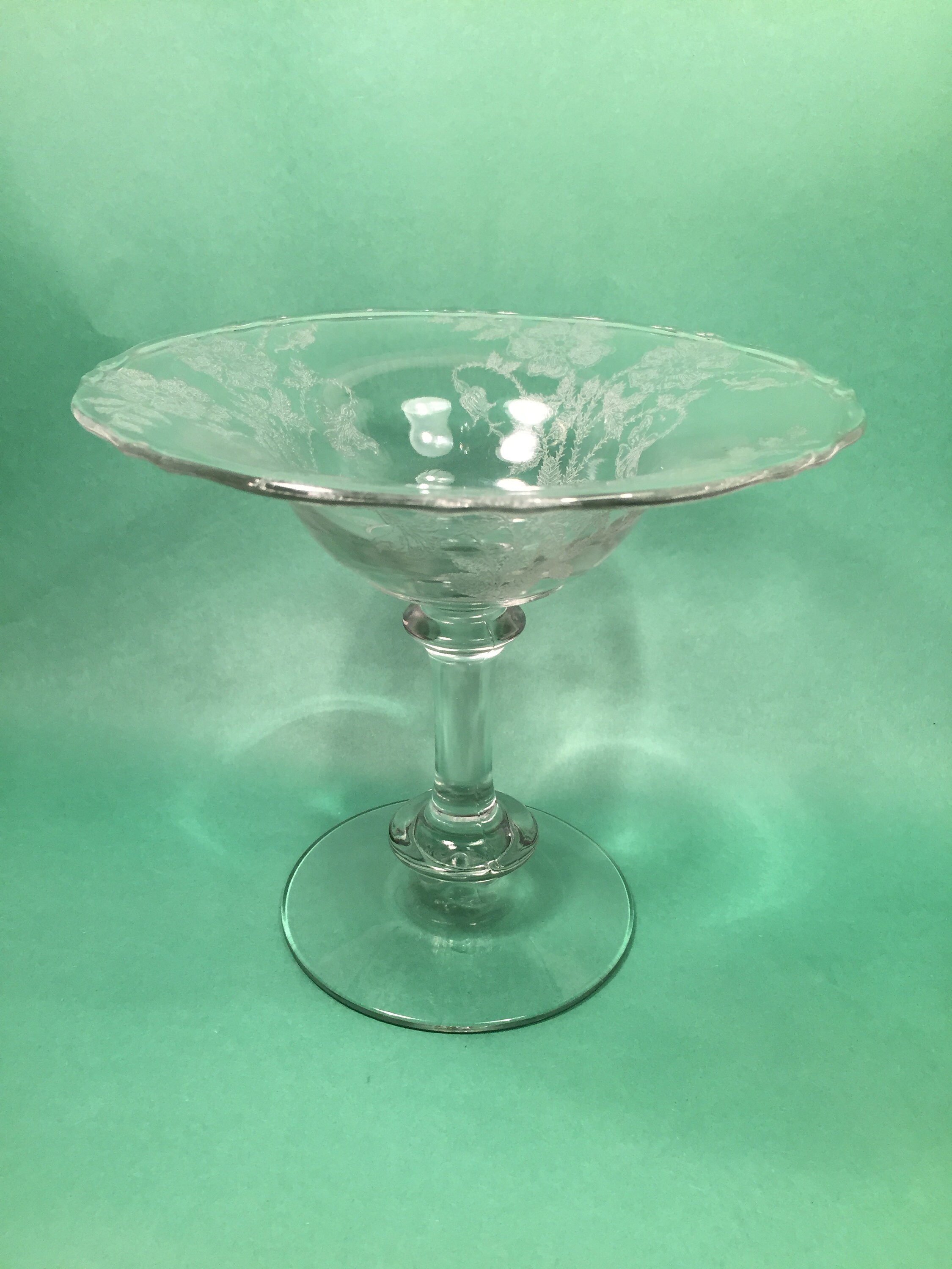 Antique Glass Pedestal Compote Etched Floral Design w Dried Red Rose