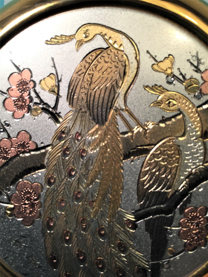 Chokin Art Round White Porcelain Trinket Dish with 24K Peacocks and Flowers Design Asian Symbols on Lid.