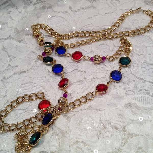 Vintage Faceted Faux Glass Jewel tones Necklace with Gold Chain and Gold beads, Korea 1970's.