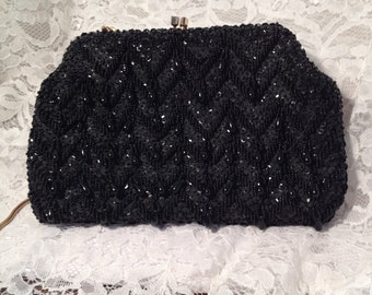 Vintage Black, Ebony Hand Beaded Evening Bag, Clutch, Hand Made in British Hong Kong,Chevron Pattern of Beads and Sequins.