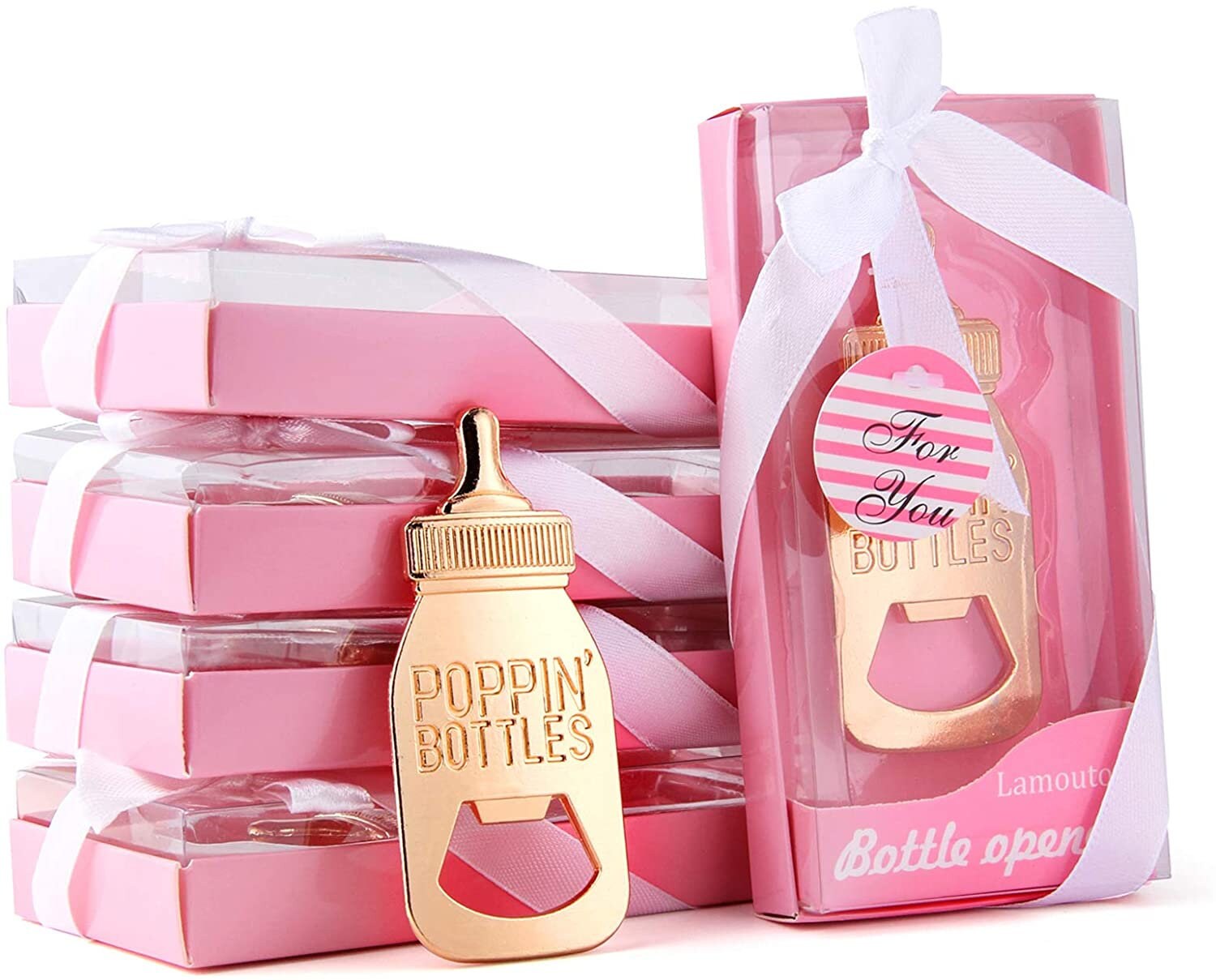 50-Pack Baby Bottle Shaped Bottle Openers - Baby Shower Party Favors With Thank You Tags & Organza Bags, Gold Zinc Alloy