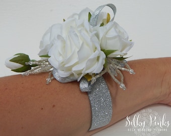 White & Silver Wrist Corsage, Rose Corsage, Wedding Corsage, Silk Wedding Flowers, White Corsages, Wedding flowers, Corsage for Prom