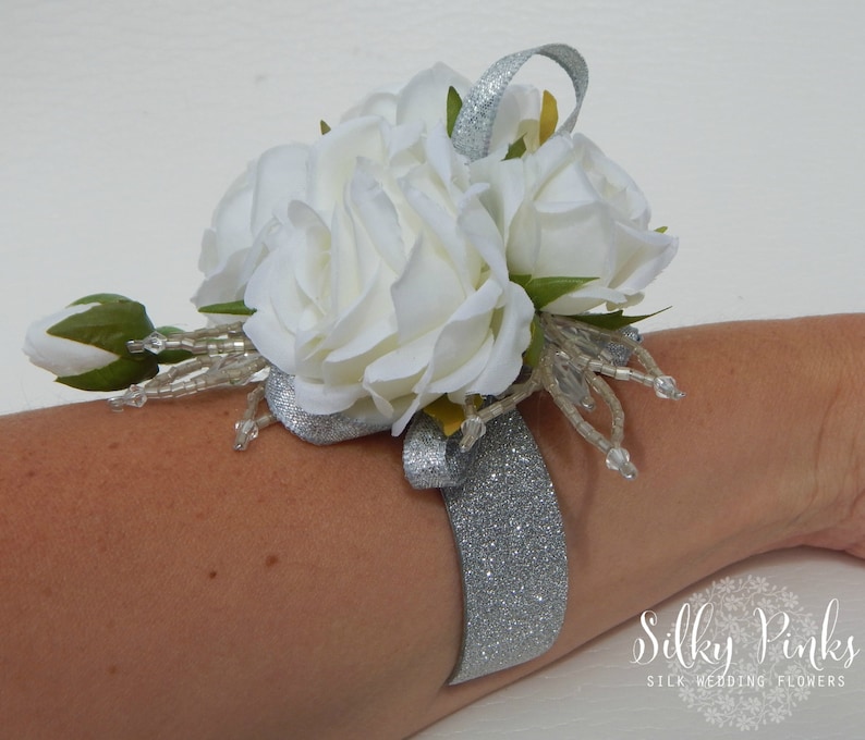 White & Silver Wrist Corsage Rose Corsage Wedding Corsage Etsy