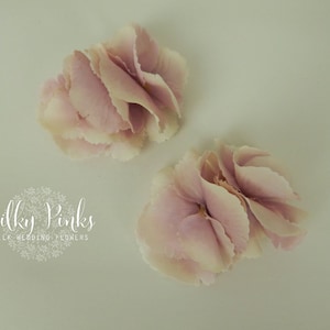 Può includere: Due teste di fiori di ortensia di seta rosa pallido, con un centro bianco, sono disposte su uno sfondo verde chiaro. Il testo "Silky Pinks Silk Wedding Flowers" è visibile sotto i fiori.