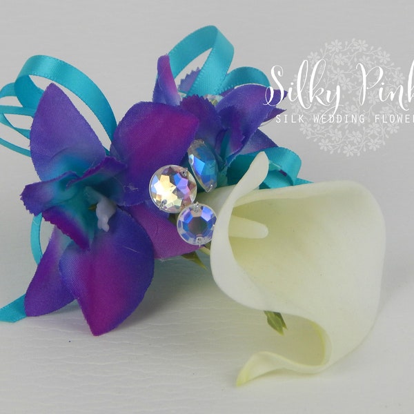 Corsage - Real Touch Calla Lily Corsage, Purple & Turquoise Orchid -  Wedding Flower -  Prom Corsage - Silk Wedding Flowers - Weddings