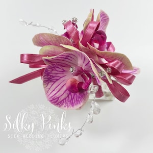 Deep pink Corsage, Pink Silk Wrist Corsage, Sparkling Wedding Corsage, Mother of the Bride Corsage, Prom Corsage, Gents Boutonniere