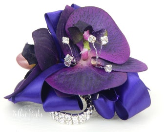 Wrist Corsage, Wedding Corsage, Purple Orchid & Diamante Wrist Corsage, Mother of the Bride, Wedding Accessory,  Prom Corsage, Boutonniere