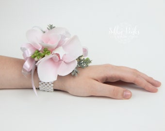 Pink Wedding Wrist Corsage & Boutonniere, Orchid Corsage, Pearl Bracelet Wrist Corsage, Pink Mother of the Bride Corsage and Boutonniere
