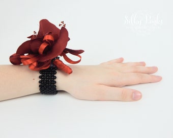 Wedding Wrist Corsage, Red & Black Prom Corsage, Silk Wedding Flower, Wedding Wrist Band
