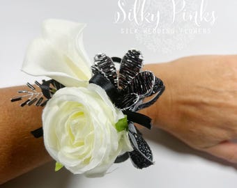 Corsage da polso con calle effetto "tocco reale", corsage da sposa, corsage da ballo, corsage da polso con strass, corsage floreale da sposa in bianco e nero