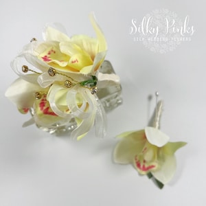 Silk Wedding Flower, Lemon Wrist Corsage, Ladies Wedding Flower, Pale yellow Wrist Corsage, Silk Flower Corsage, Orchidcorsage