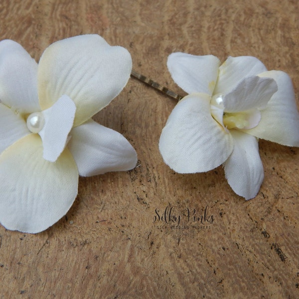 Hair Accessories, Set of Two Orchid Hair Pins, Ivory Hair Accessories, Floral Hair Pins, Pearl Hair Grips, Wedding Hair Accessories