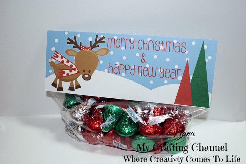 Set of 12 Reindeer Scene Christmas Treat Bag Topper,Christmas Bag Topper,Christmas,Topper,Reindeer,Red Scarf
