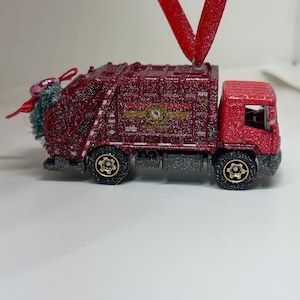 Red maroon Garbage recycling Truck Hot Wheels / Matchbox car / truck/ SUV Christmas Ornament with Christmas Tree and glitter sprayed