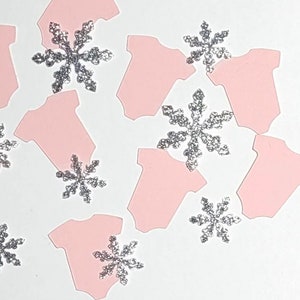 Pink Onesie and Silver Snowflake Confetti - Baby Girl Confetti - Silver Glitter Snowflake Confetti - Winter Baby Shower - Pink Snowflake