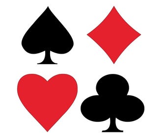 May include: Four playing card suits: a black spade, a red diamond, a red heart, and a black club. The suits are displayed on a white background. The spade, diamond, heart, and club are common symbols in card games.
