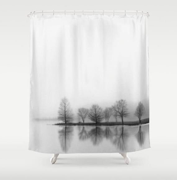 Minimalist Shower Curtain Black White, Fabric Tree Shower Curtain