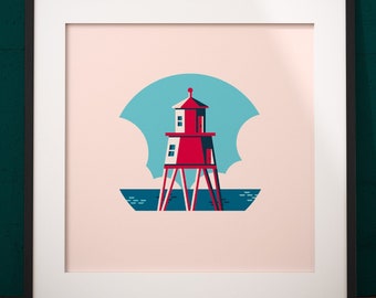 Herd Groyne Lighthouse at South Shields Poster - North East Tourist Art Print