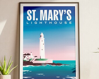 St. Mary's Lighthouse, Newcastle UK Travel Poster Print, Travel Wall Art