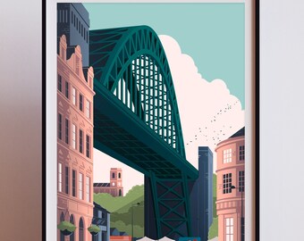Tyne Bridge, Newcastle Upon Tyne Travel Poster - United Kingdom, Quayside print