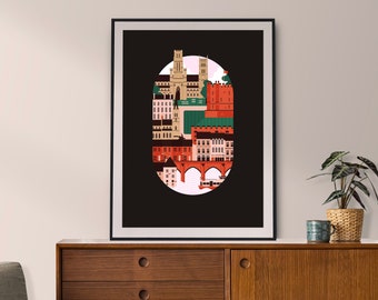 Durham Cathedral City Poster, Wall Art Travel Poster, British Illustration England Gift