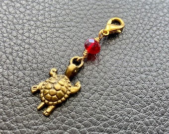 Sea Turtle Zipper Pull. Red Crystal Purse Charm. Boho Keychain Charm.