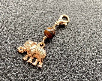 Elephant Zipper Pull. Tiger Eye Purse Charm. Gold Keychain Charm.