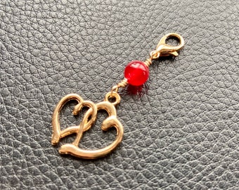 Hearts & Ruby Zipper Pull. Boho Purse Charm . Gold Keychain Charm.