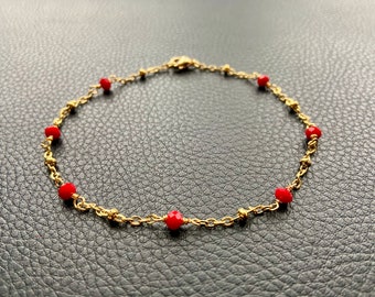 Red Crystal Anklet. Gold Chain Anklet. Women’s Anklet. Layering Anklet. Dainty Anklet. Birthday Gift. Minimalist. Love Token.