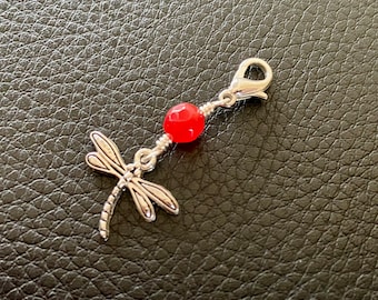 Mini Dragonfly & Ruby Zipper Pull. Boho Purse Charm. Silver Keychain Charm. Spiritual Gift. Love Token.