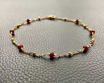 Red Ruby Anklet. Gold Chain Anklet. Women’s Anklet. Layering Anklet. Dainty Anklet. Birthday Gift. Minimalist. Love Token.
