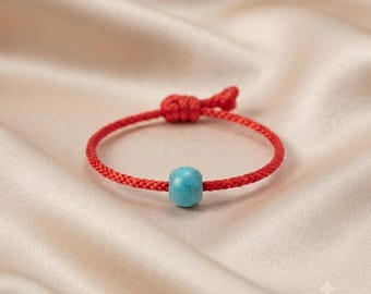 Minimalist Red String Ring with Turquoise Bead | Adjustable Stacking Jewelry