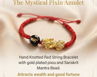 Artisan Red Cord Pixiu and Mantra Bead Bracelet