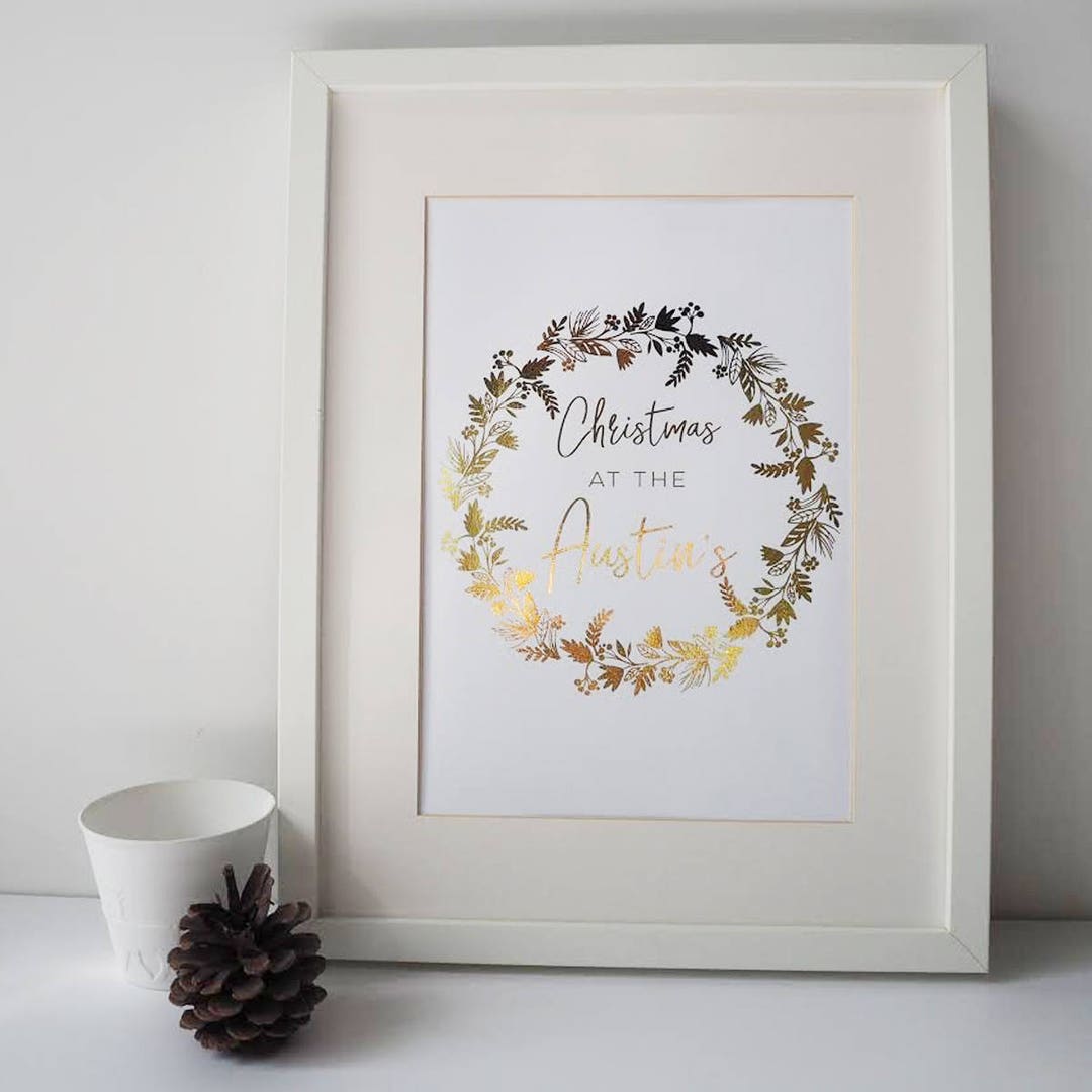 Gold Foil Family Christmas Wreath Personalised Print Etsy