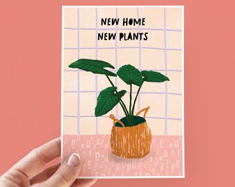 May include: A greeting card with a green plant in a brown pot against a white and light purple tiled background. The text on the card reads "NEW HOME NEW PLANTS".