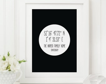 Personalised Co-Ordinates Print - New Home Gift - Personalised Print - Monochrome Print - Location Print - New Home Print - Romantic Print