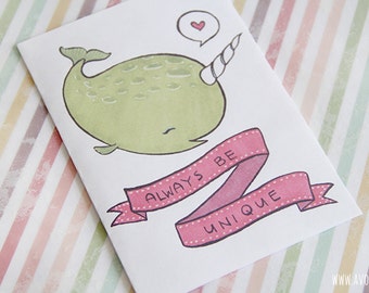 PDF - Always be unique Narwhal quote Card || Kawaii art || Cats || 5x7 greeting card || Instant Download