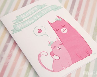 PDF - Mothers Day Card || Kawaii art || Cats || 5x7 greeting card || Instant Download